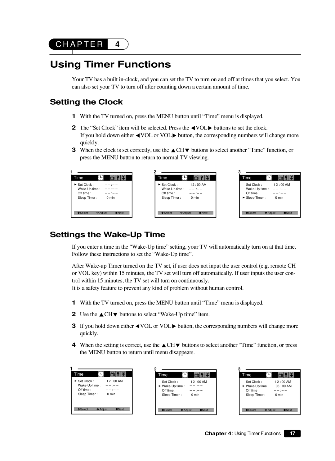 Curtis Mathes CM 13102 owner manual Using Timer Functions, Setting the Clock, Settings the Wake-Up Time 