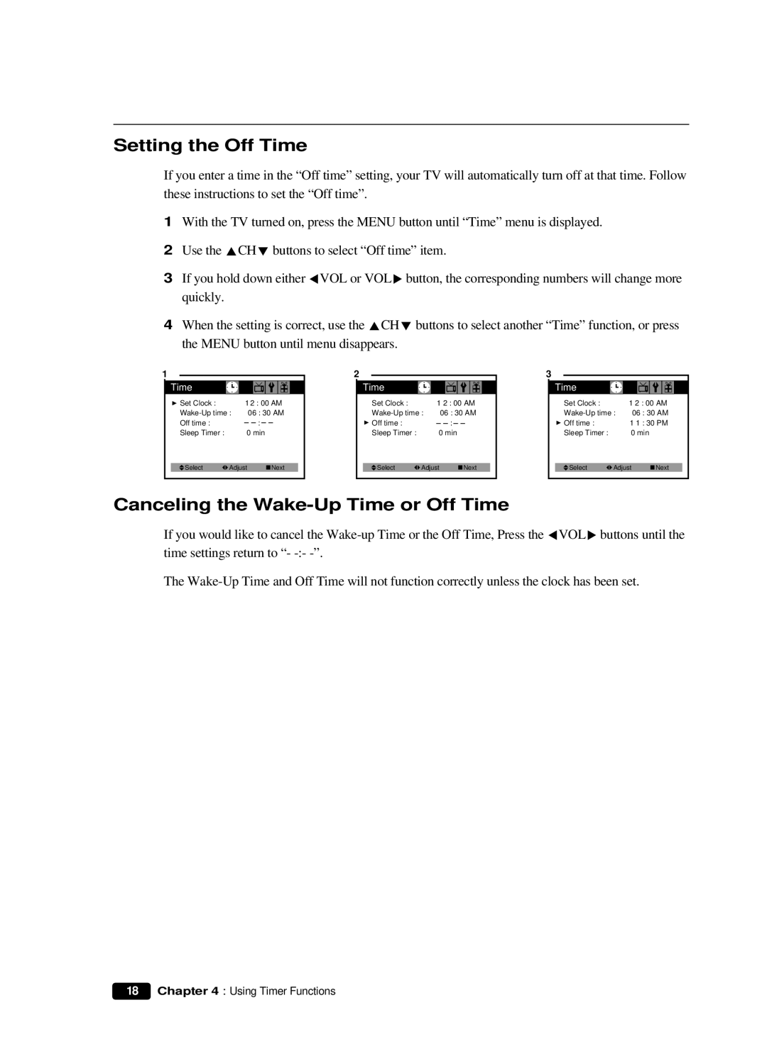 Curtis Mathes CM 13102 owner manual Setting the Off Time, Canceling the Wake-Up Time or Off Time 