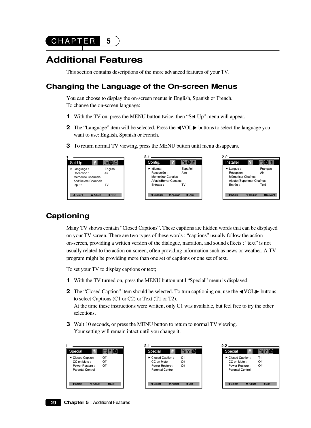 Curtis Mathes CM 13102 owner manual Additional Features, Changing the Language of the On-screen Menus, Captioning 