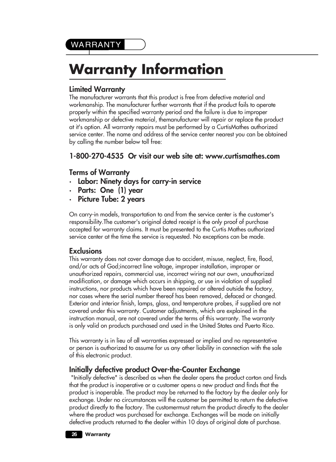 Curtis Mathes CM 13102 owner manual Warranty Information 