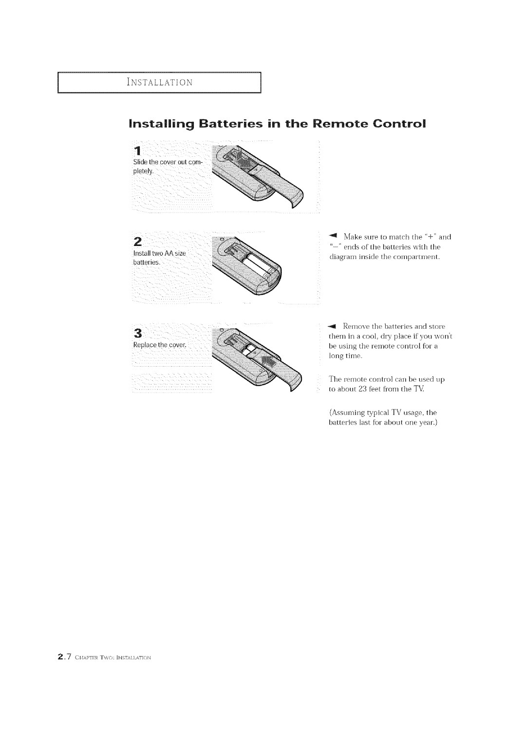 Curtis Mathes CM 19033S Installing Batteries in the Remote Contro, Slide the cover out corn, Install two AA size 