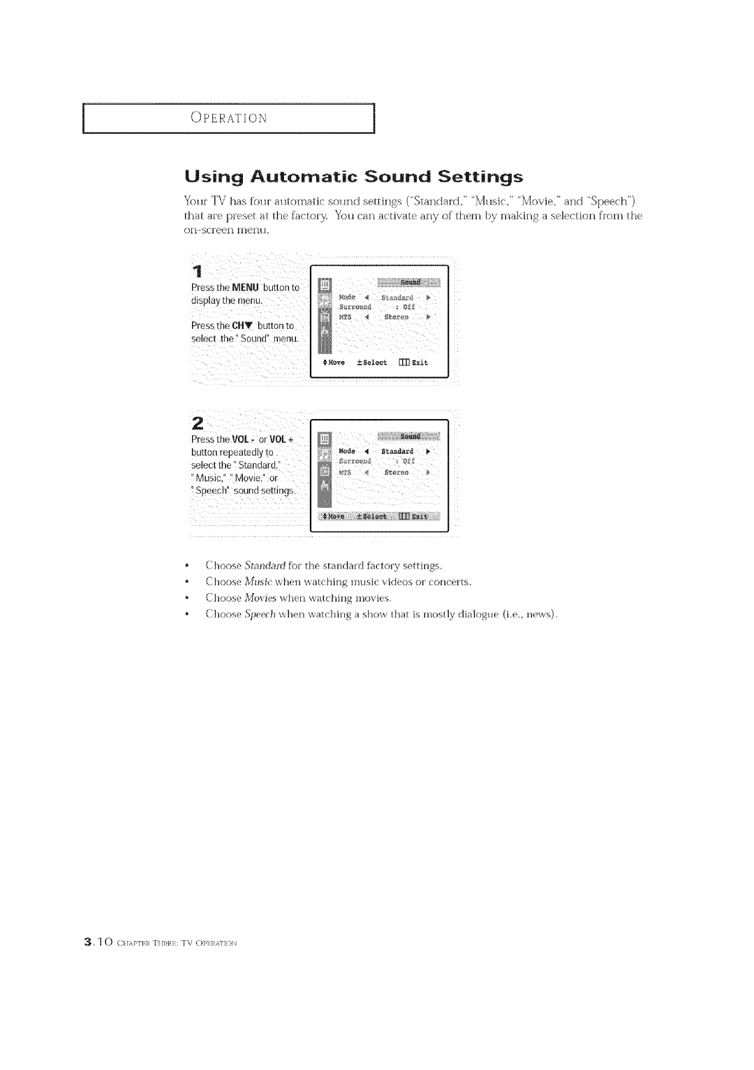 Curtis Mathes CM 19033S owner manual Using Automatic Sound Settings, Press the MtFNLI button to Display the menu 