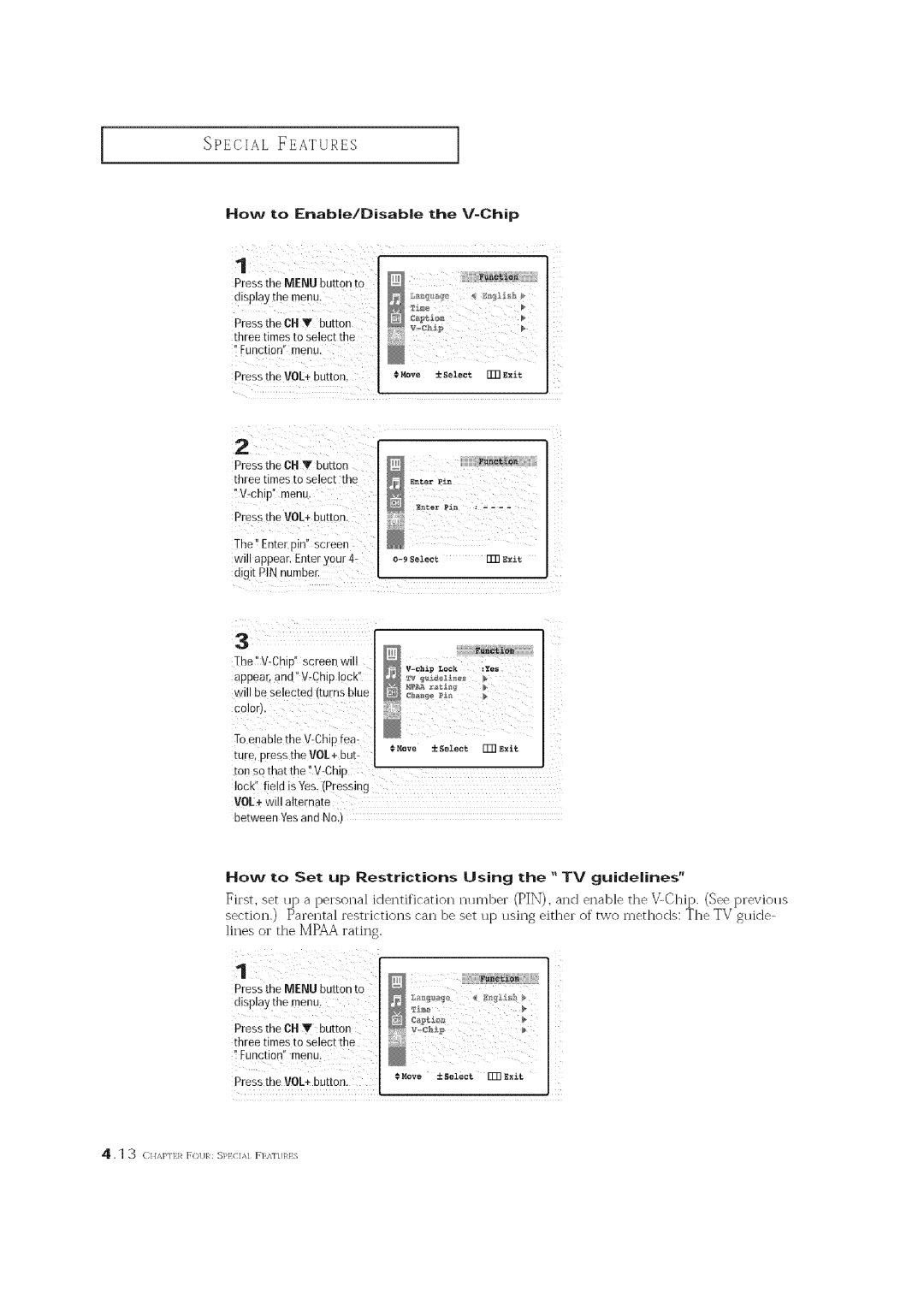 Curtis Mathes CM 19033S owner manual To Enable/Disable V-Chip, How To Set up Restrictions Using TV guidelines 