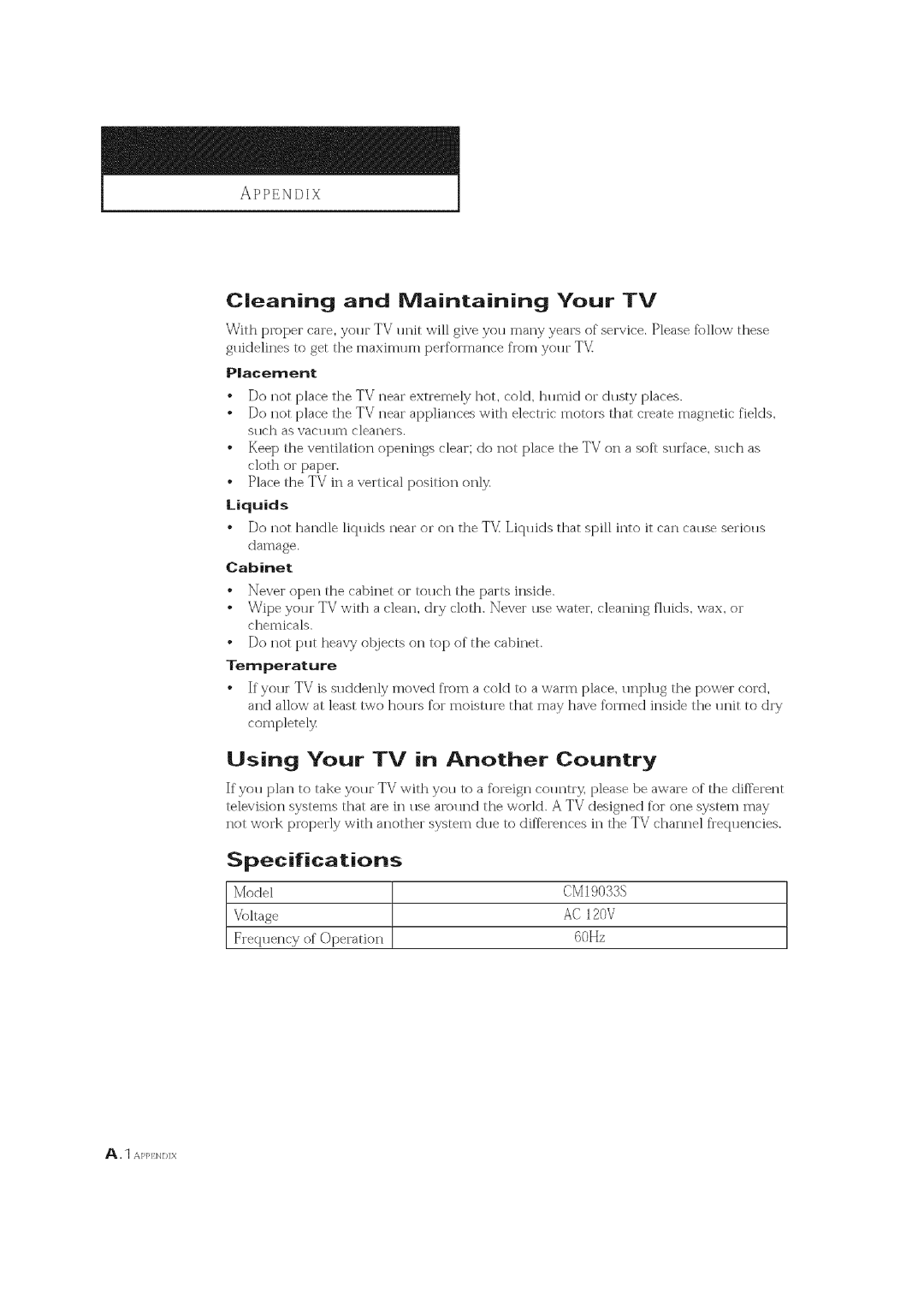 Curtis Mathes CM 19033S owner manual Using Your TV in Another Country, Specifications, Placement, Liquids 