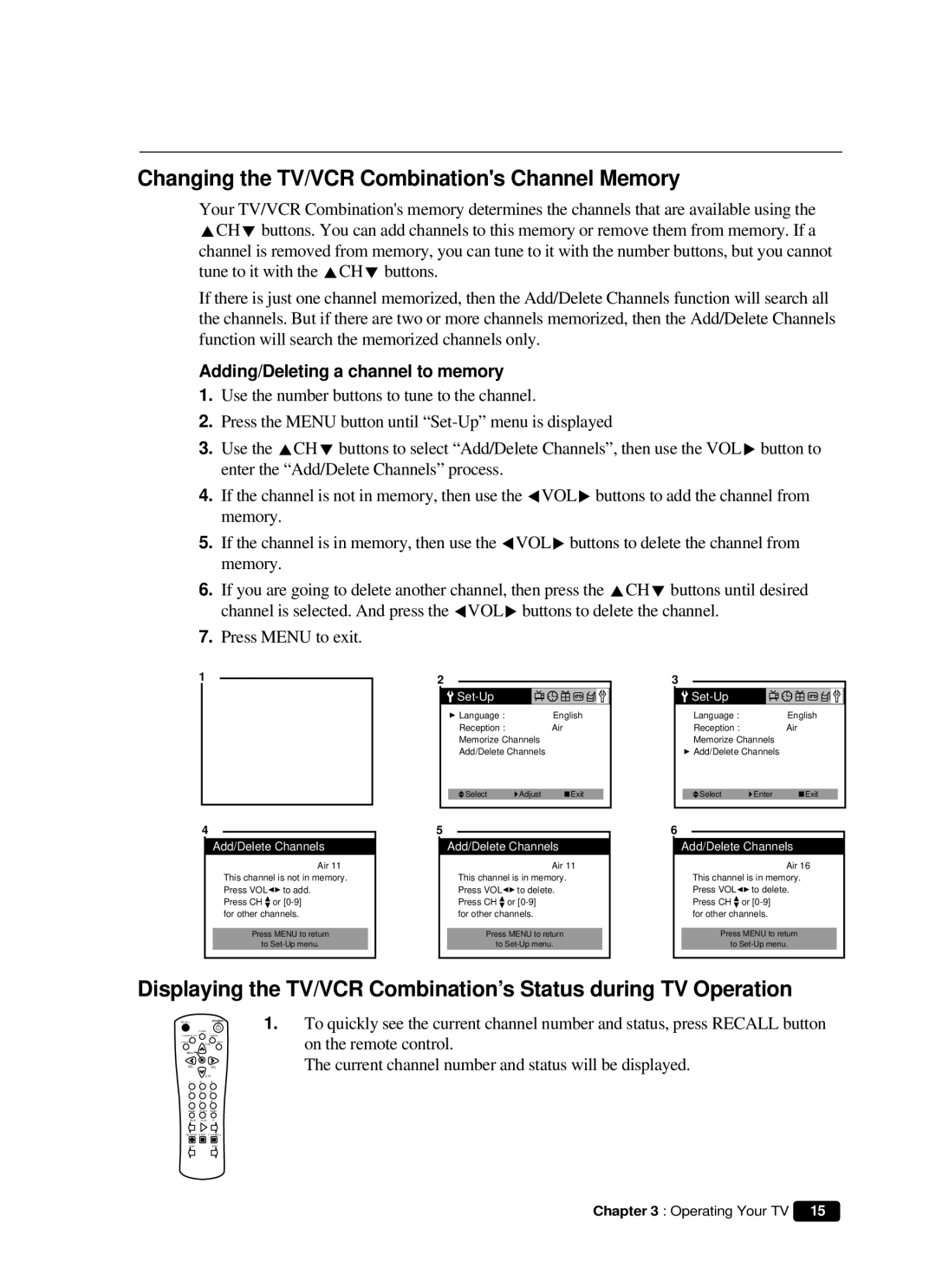 Curtis Mathes CMC 19101 owner manual Changing the TV/VCR Combinations Channel Memory, Adding/Deleting a channel to memory 