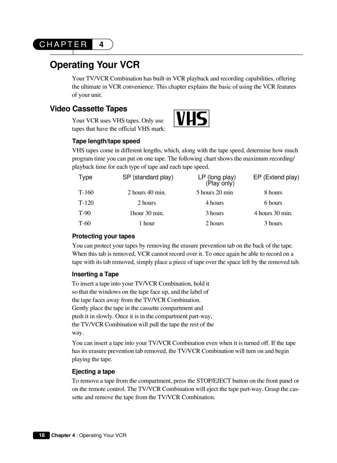 Curtis Mathes CMC 19101 owner manual Operating Your VCR, Video Cassette Tapes 