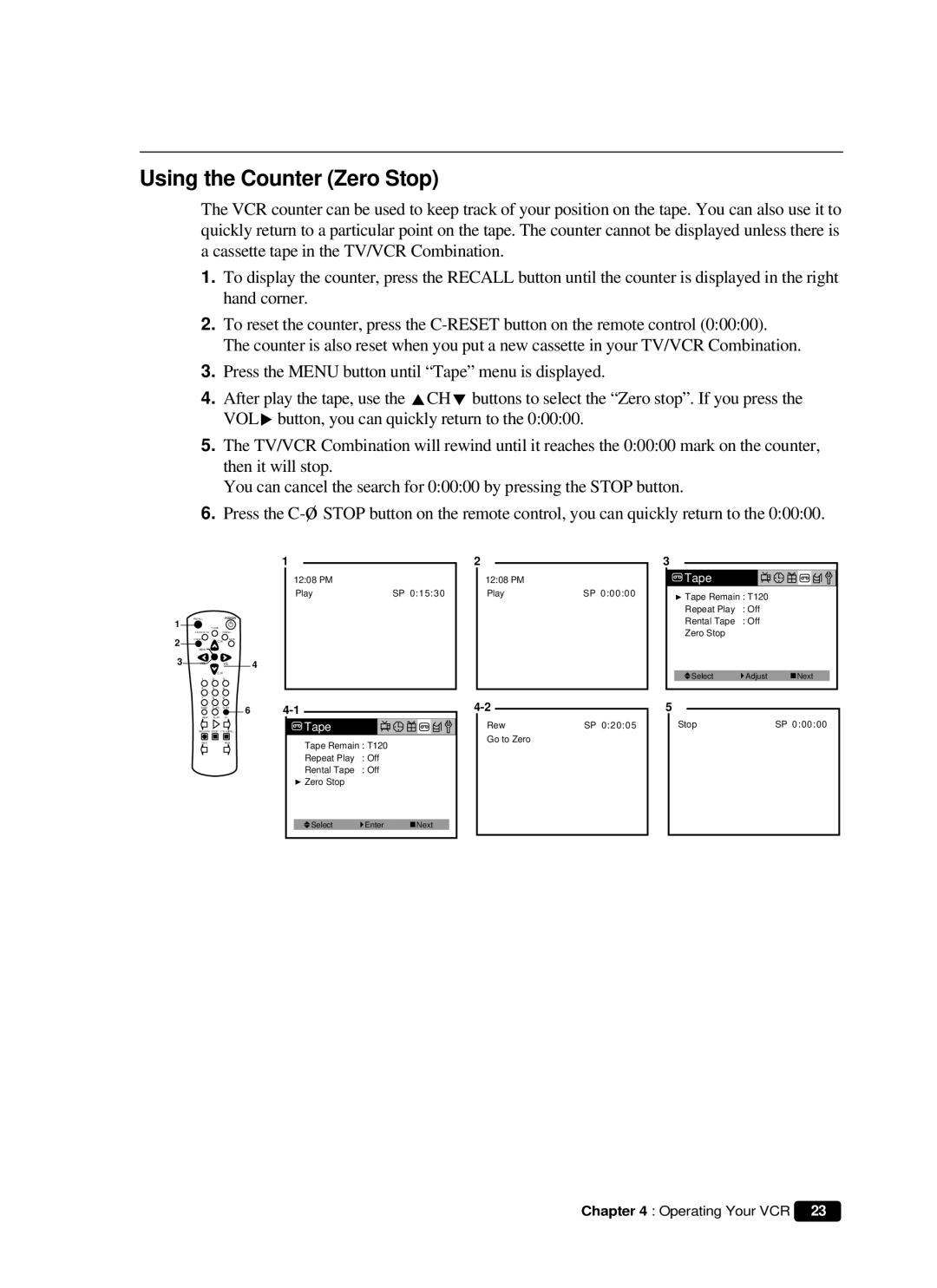 Curtis Mathes CMC 19101 owner manual Using the Counter Zero Stop, Tape 