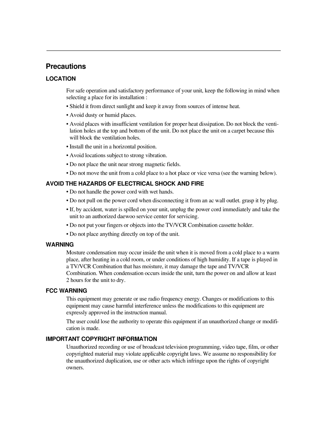 Curtis Mathes CMC 19101 owner manual Precautions, Location 