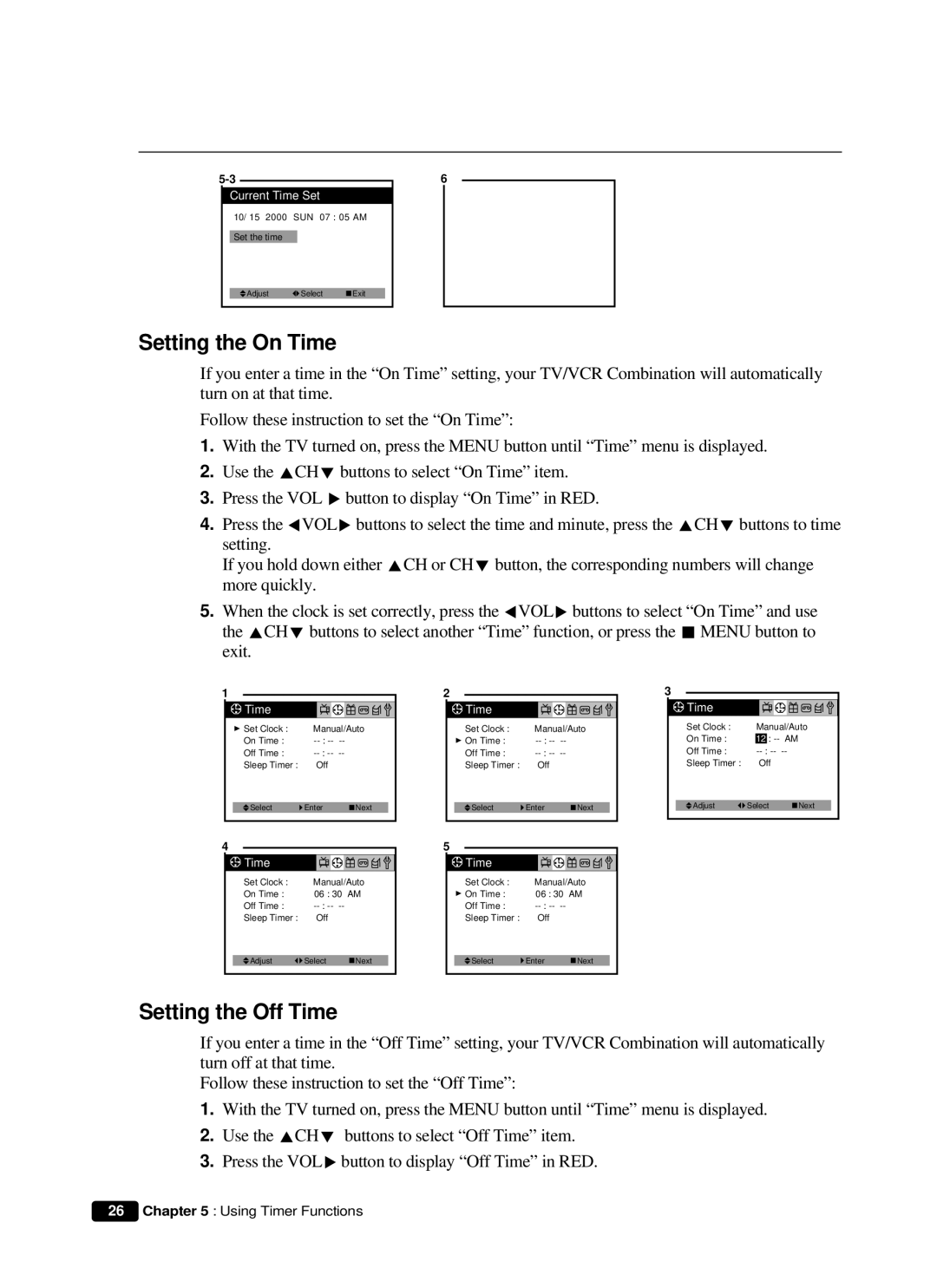 Curtis Mathes CMC 19101 owner manual Setting the On Time, Setting the Off Time 