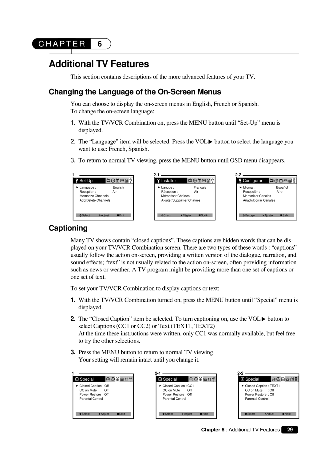 Curtis Mathes CMC 19101 owner manual Additional TV Features, Changing the Language of the On-Screen Menus, Captioning 