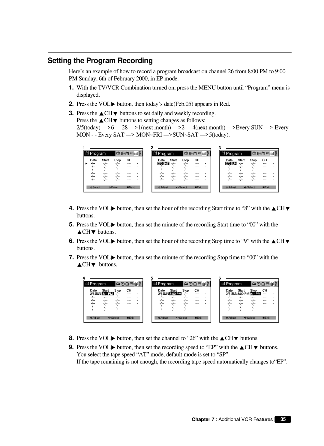 Curtis Mathes CMC 19101 owner manual Setting the Program Recording 