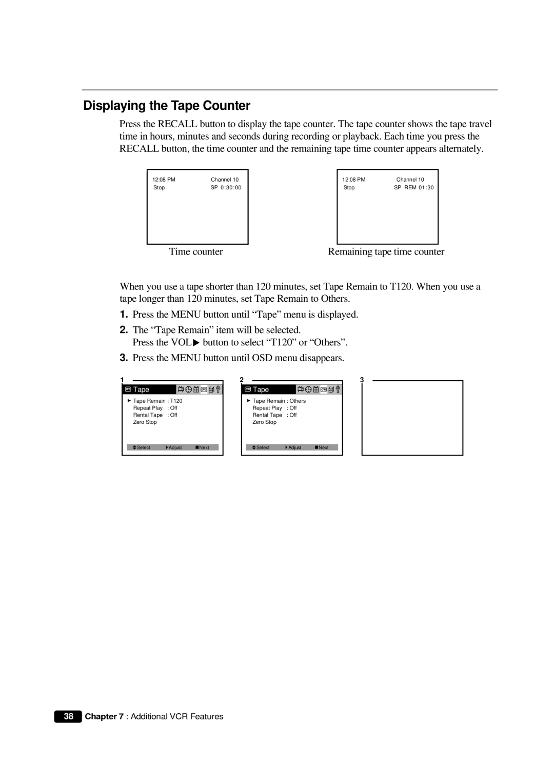 Curtis Mathes CMC 19101 owner manual Displaying the Tape Counter 