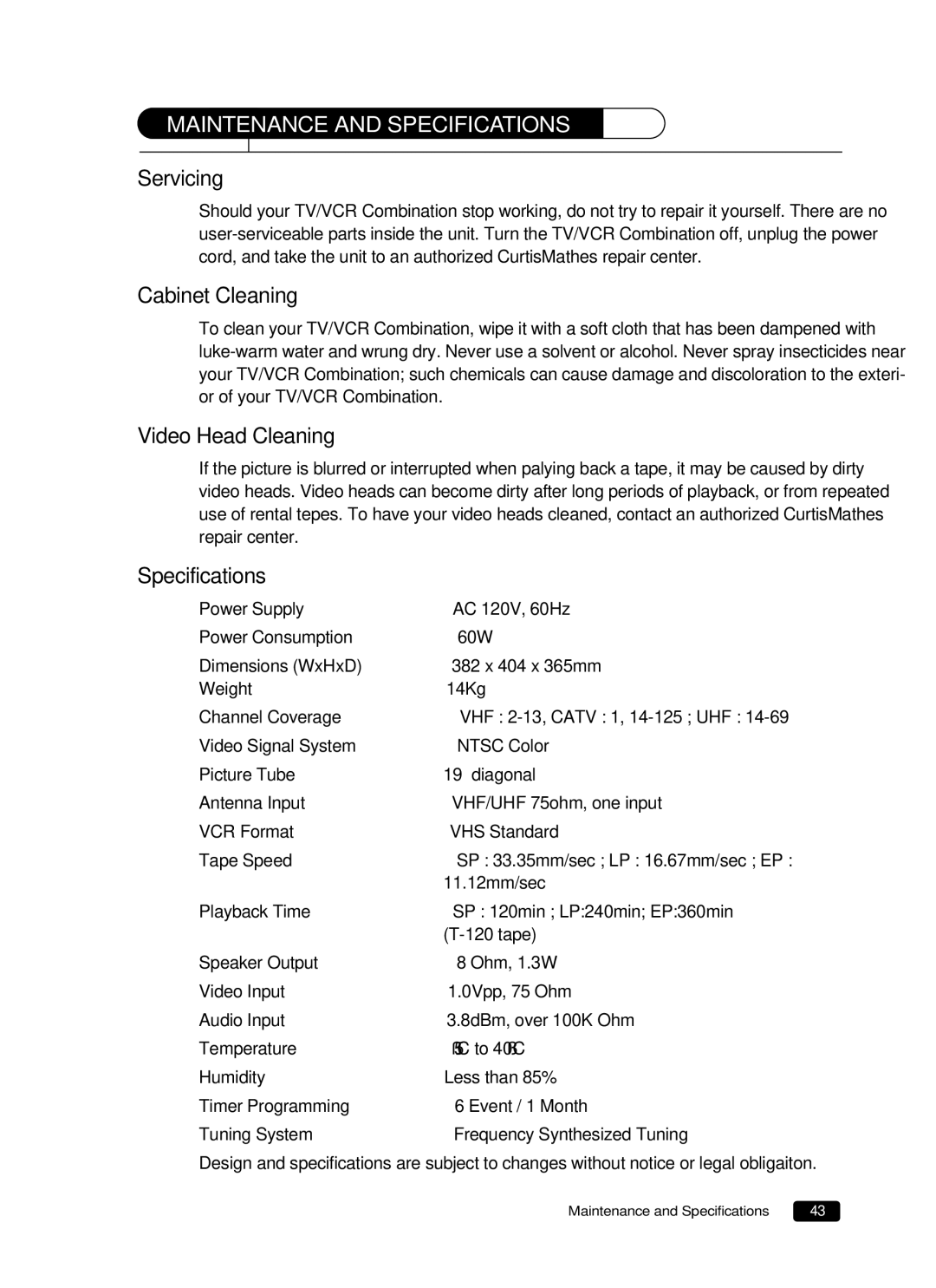 Curtis Mathes CMC 19101 owner manual Servicing, Cabinet Cleaning, Video Head Cleaning, Specifications 