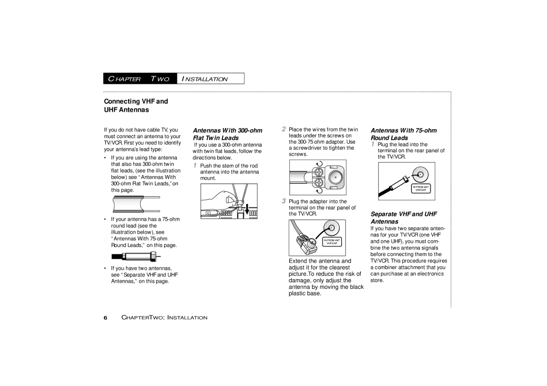 Curtis Mathes CMC13003 owner manual Chapter TWO Installation, Connecting VHF UHF Antennas, Separate VHF and UHF Antennas 