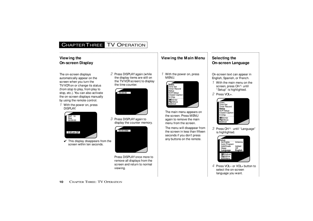 Curtis Mathes CMC13003 owner manual Chapter Three, TV Operation, Viewing On-screen Display, Viewing the Main Menu 