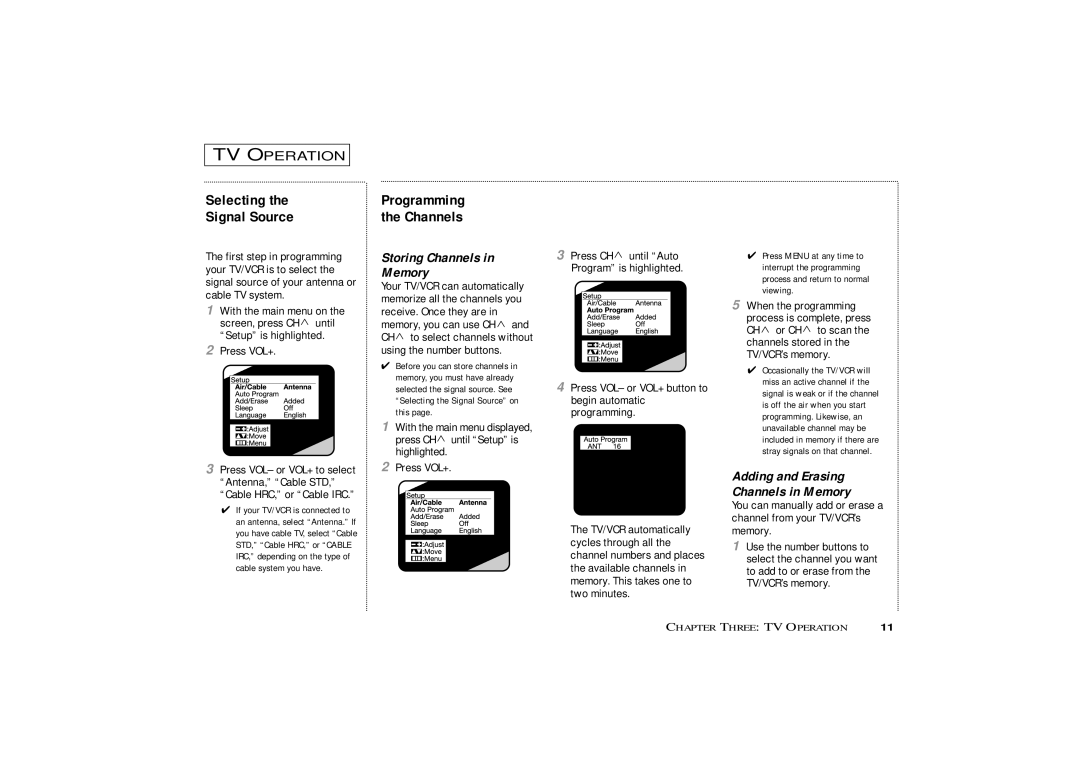 Curtis Mathes CMC13003 owner manual Selecting Signal Source, Programming Channels, Storing Channels Memory, Press VOL+ 