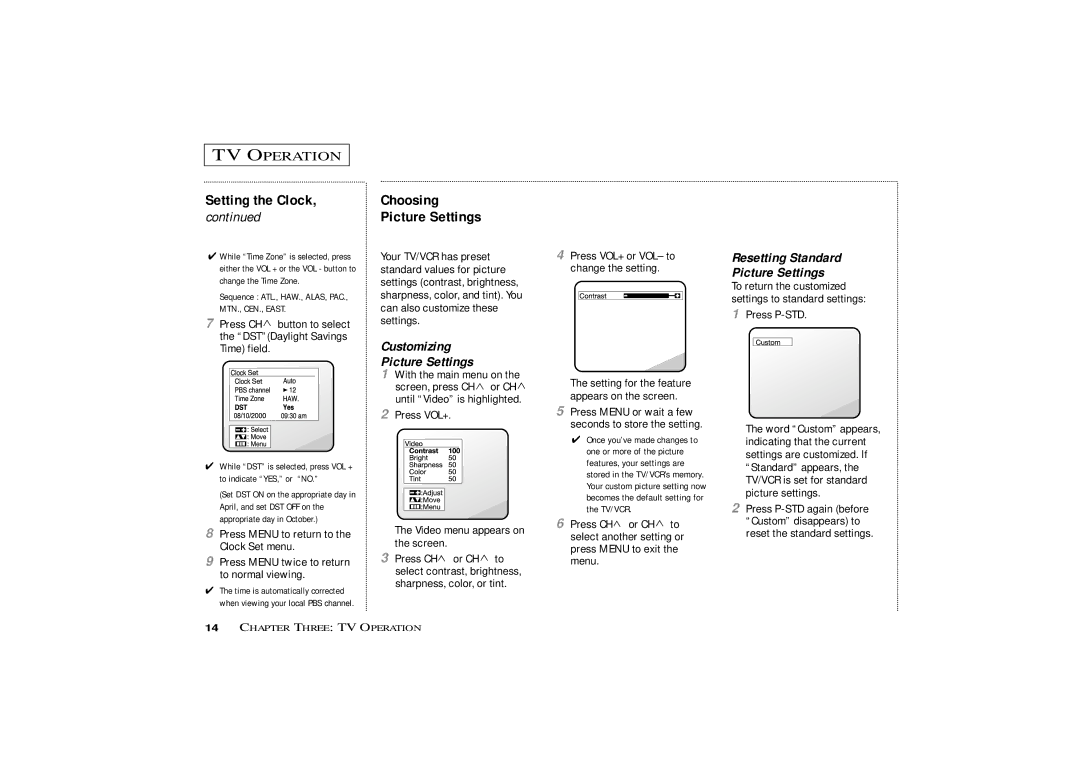 Curtis Mathes CMC13003 owner manual Choosing Picture Settings, Customizing Picture Settings, Press P-STD 