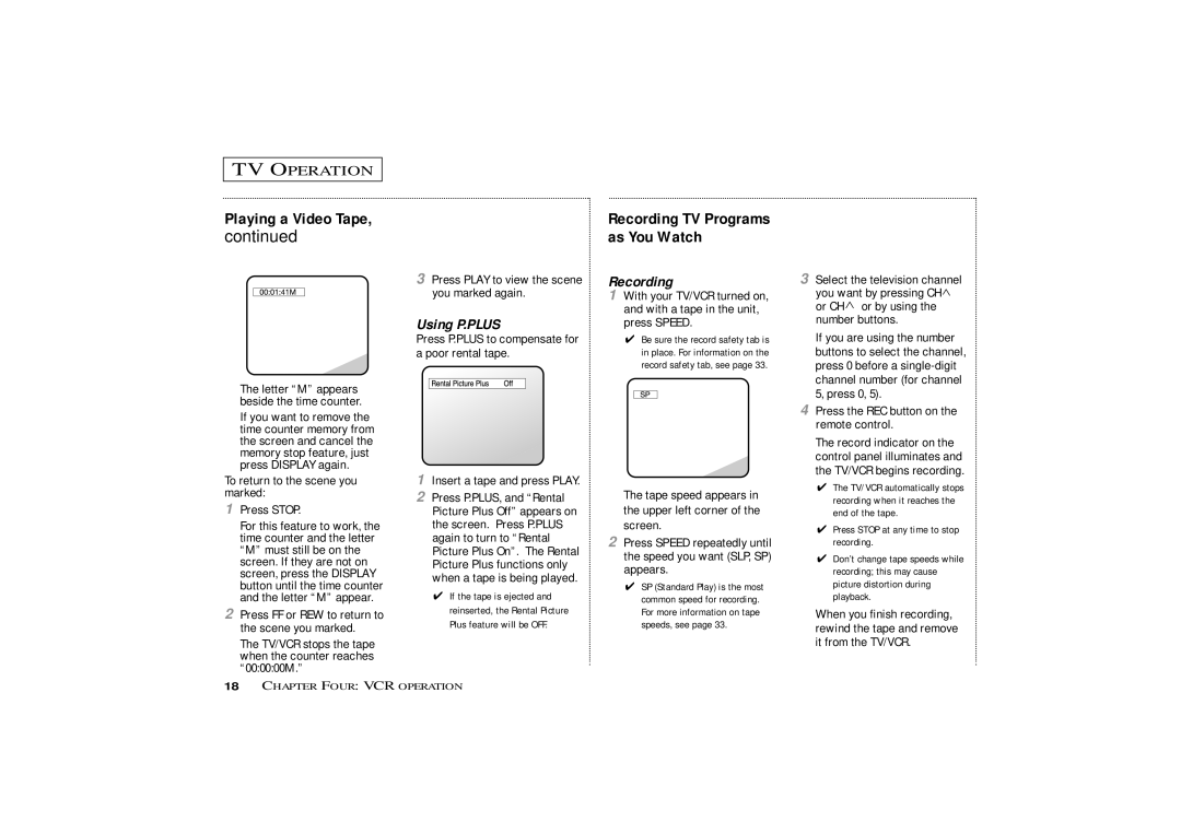 Curtis Mathes CMC13003 owner manual Using P.PLUS, Recording TV Programs as You Watch 