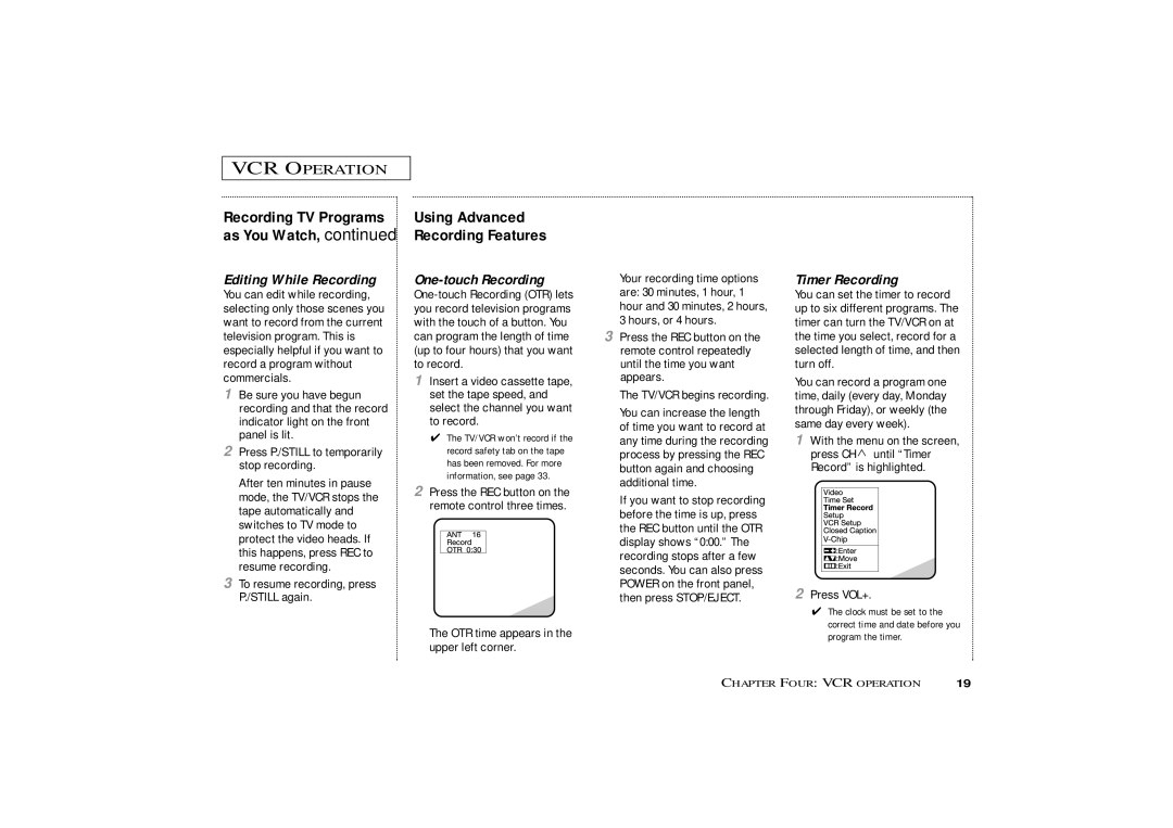 Curtis Mathes CMC13003 Editing While Recording, One-touch Recording, Timer Recording, Using Advanced Recording Features 