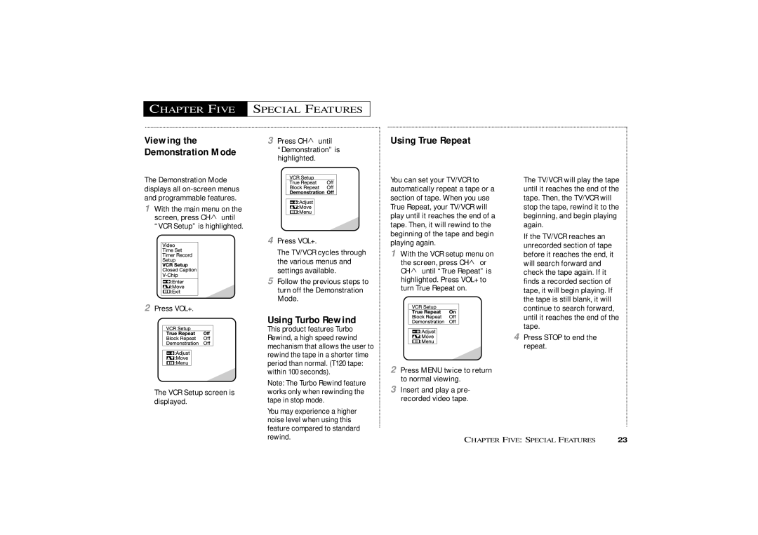 Curtis Mathes CMC13003 owner manual Chapter Five Special Features, Using Turbo Rewind, Using True Repeat 