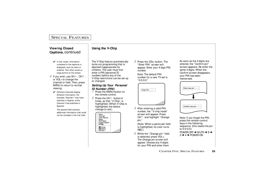 Curtis Mathes CMC13003 owner manual Using the V-Chip, Viewing Closed Captions 