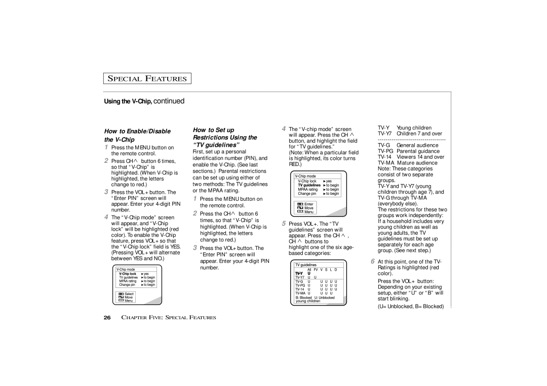 Curtis Mathes CMC13003 owner manual How to Set up Restrictions Using the TV guidelines, Using the V-Chip 