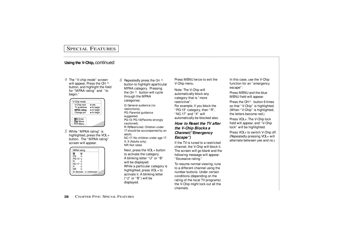 Curtis Mathes CMC13003 owner manual Excessive rating, This case, use the V-Chip function for an emergency escape 