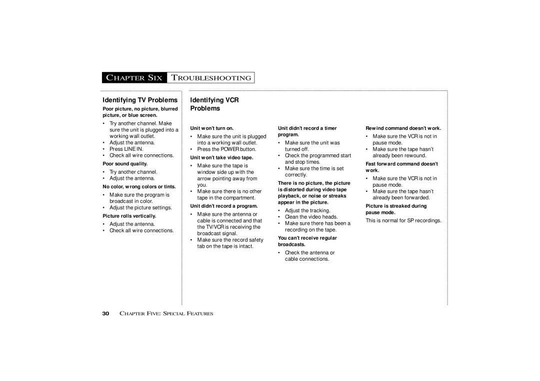 Curtis Mathes CMC13003 owner manual Chapter SIX Troubleshooting, Identifying TV Problems, Identifying VCR Problems 