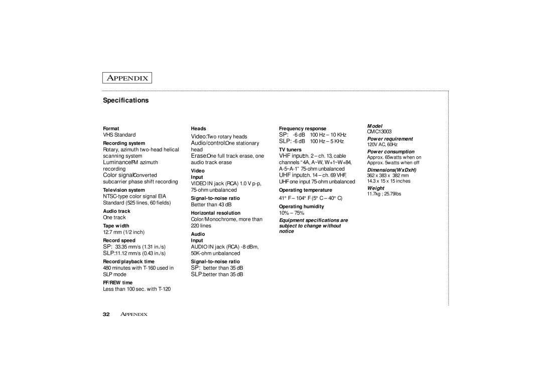 Curtis Mathes CMC13003 owner manual Appendix, Specifications 