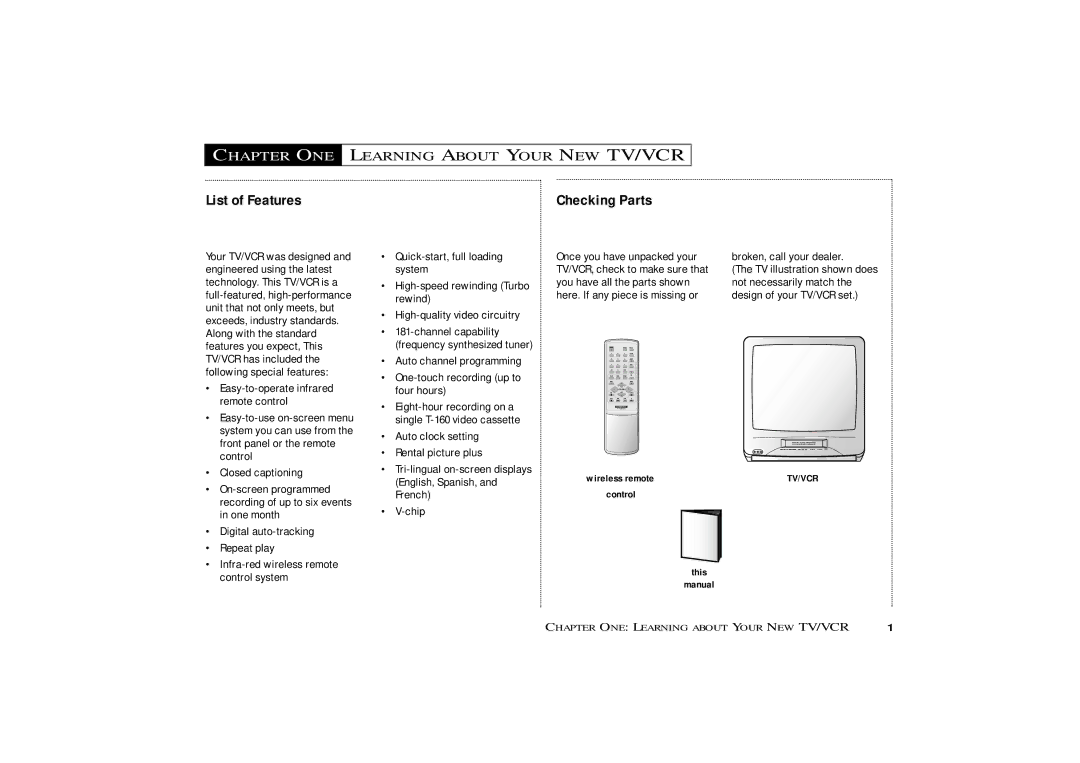 Curtis Mathes CMC13003 owner manual Chapter ONE, Learning about Your NEW TV/VCR, List of Features, Checking Parts 