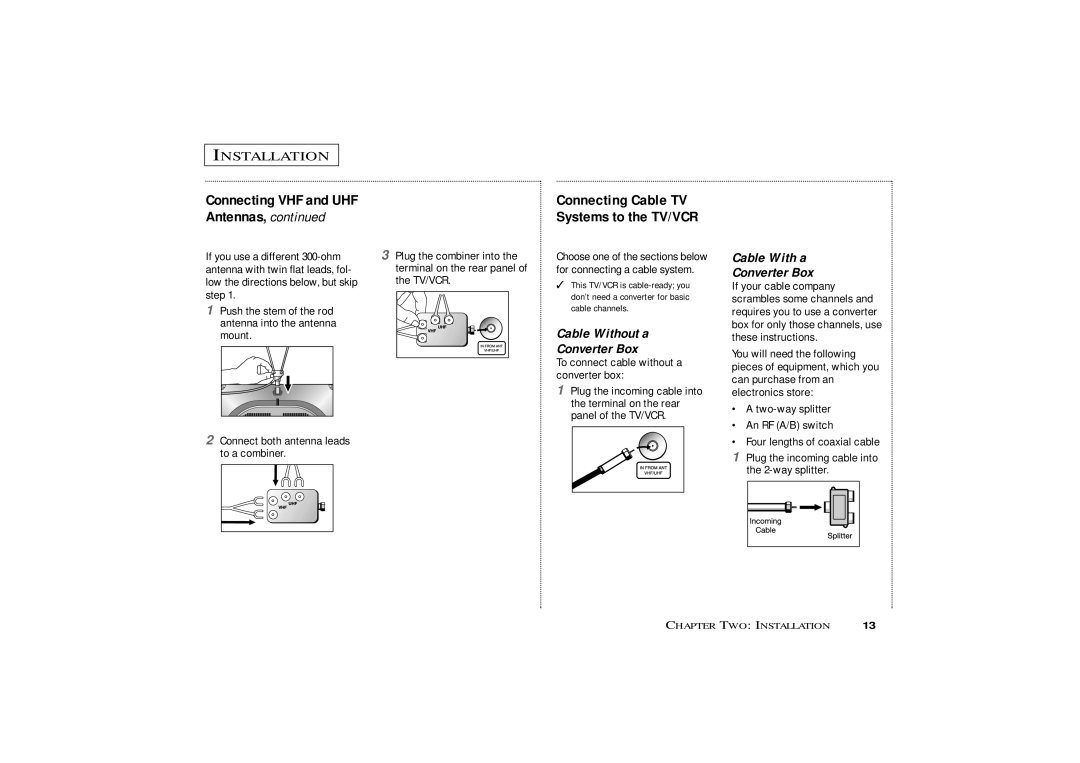 Curtis Mathes CMC19410, CMC13410 owner manual Installation, Connecting VHF and UHF Antennas, Cable Without a Converter Box 