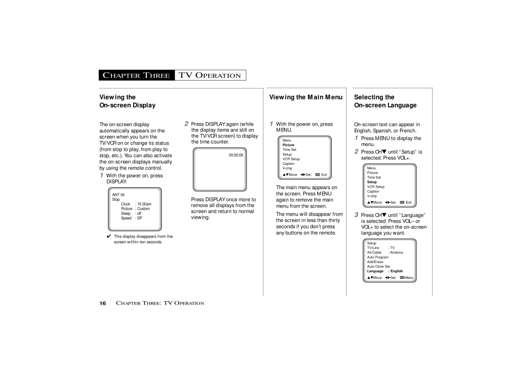 Curtis Mathes CMC13410, CMC19410 owner manual Chapter Three, TV Operation, Viewing On-screen Display, Viewing the Main Menu 