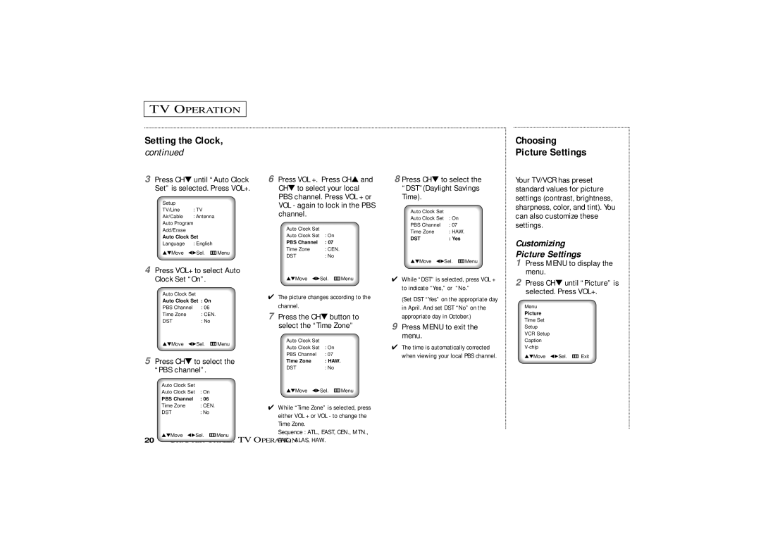 Curtis Mathes CMC13410 Choosing Picture Settings, Customizing Picture Settings, Press VOL+ to select Auto Clock Set On 