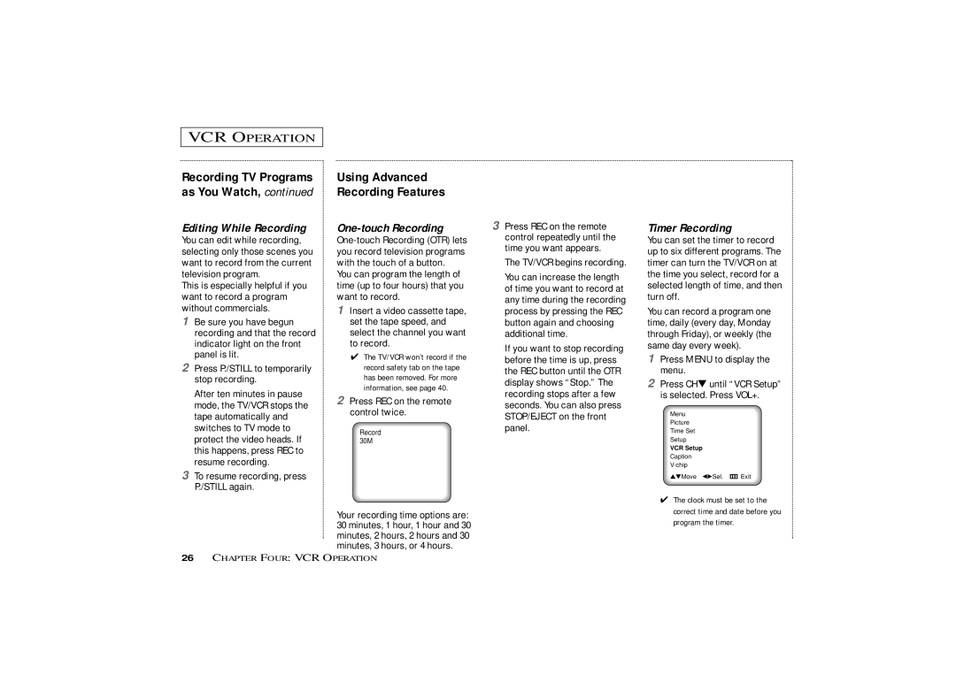 Curtis Mathes CMC13410 Using Advanced Recording Features, Editing While Recording, One-touch Recording, Timer Recording 