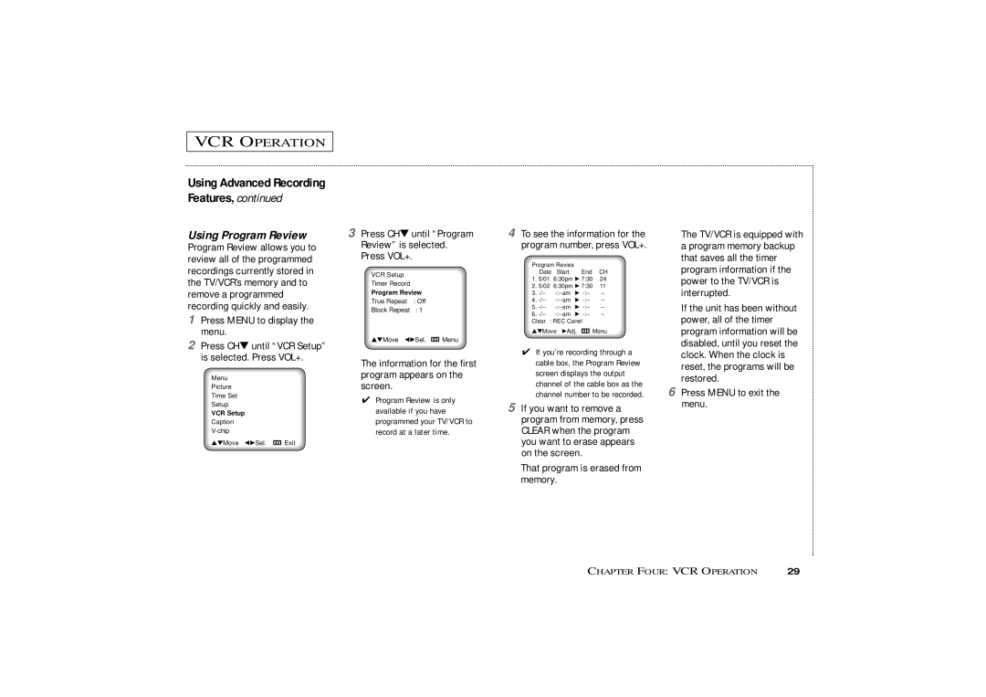 Curtis Mathes CMC19410, CMC13410 owner manual Using Program Review 