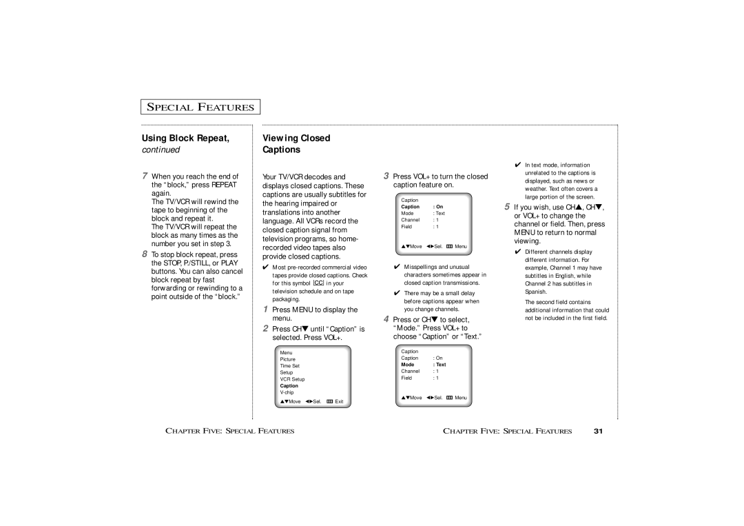 Curtis Mathes CMC19410, CMC13410 owner manual Special Features, Using Block Repeat, Captions, Viewing Closed 