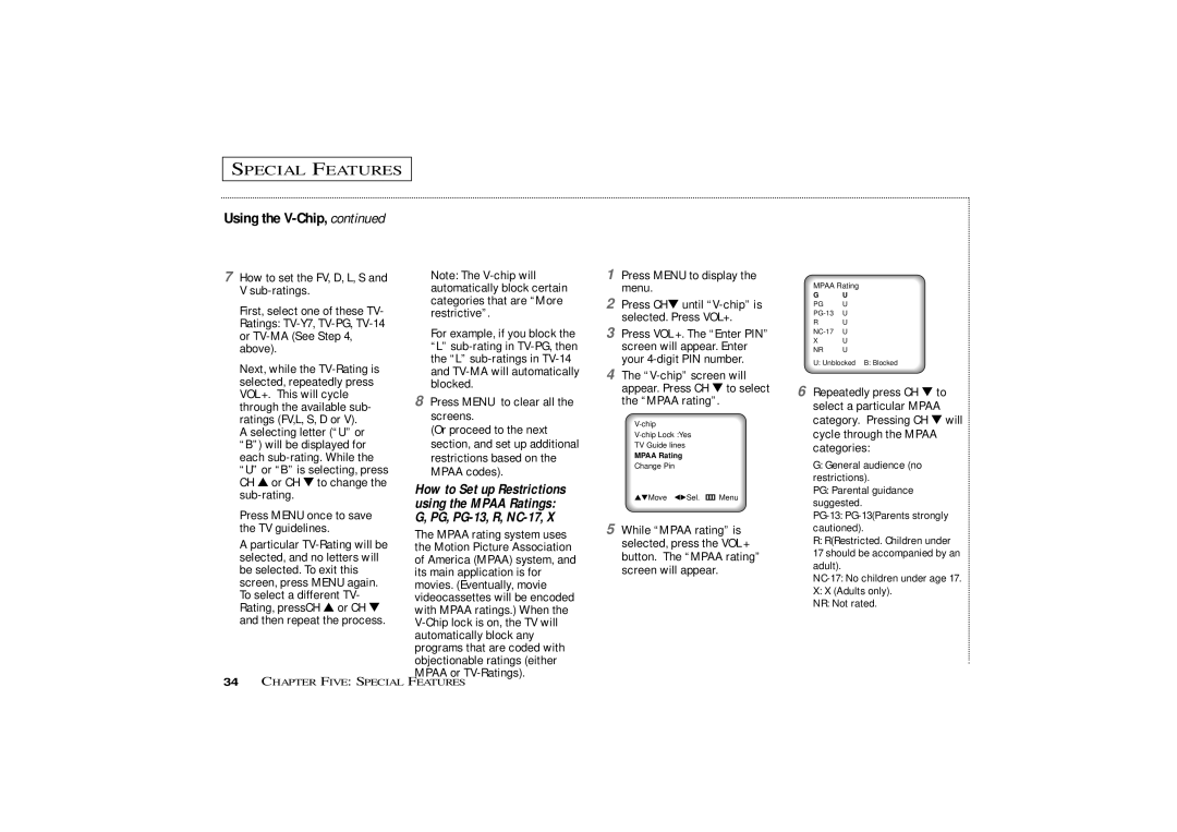 Curtis Mathes CMC13410 V-chip screen will Appear. Press CH to select, Mpaa rating Select a particular Mpaa, Mpaa codes 