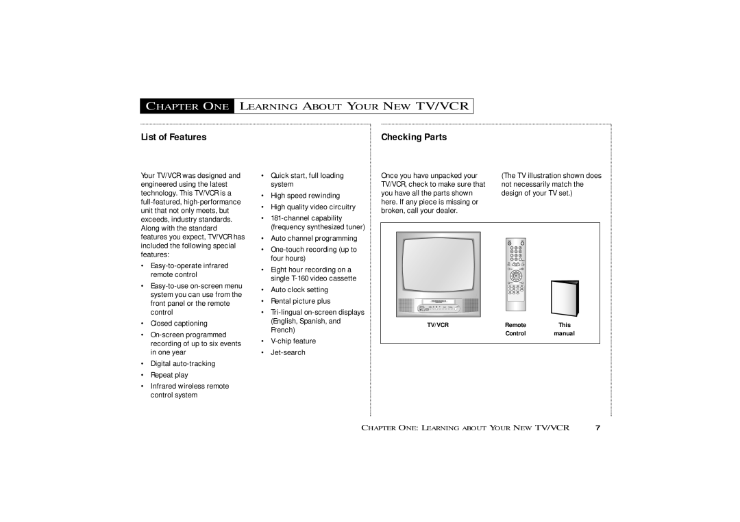 Curtis Mathes CMC19410, CMC13410 owner manual Chapter ONE, Learning about Your NEW TV/VCR, List of Features, Checking Parts 