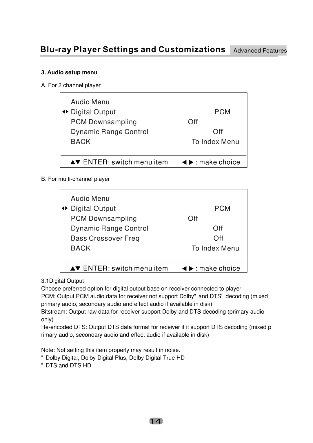 Curtis Mathes CMMBX130 manual Audiosetupmenu, For2channelplayer, Formulti-channelplayer, 1DigitalOutput 