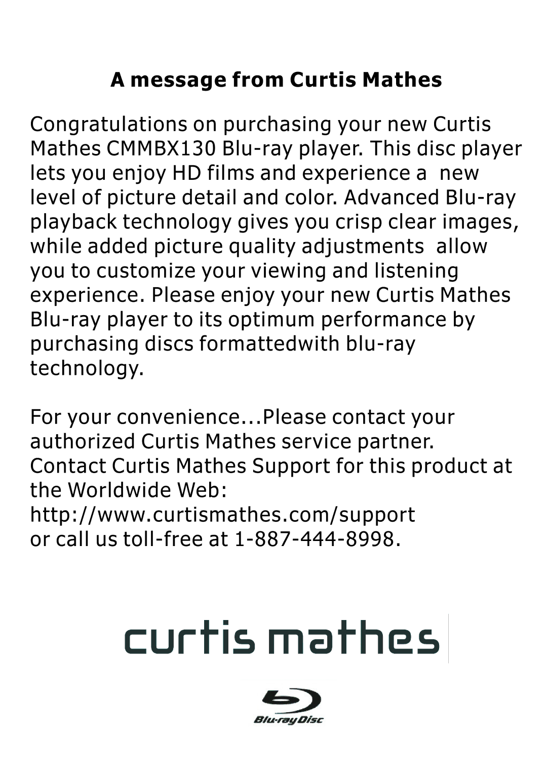 Curtis Mathes CMMBX130 manual AmessagefromCurtisMathes 