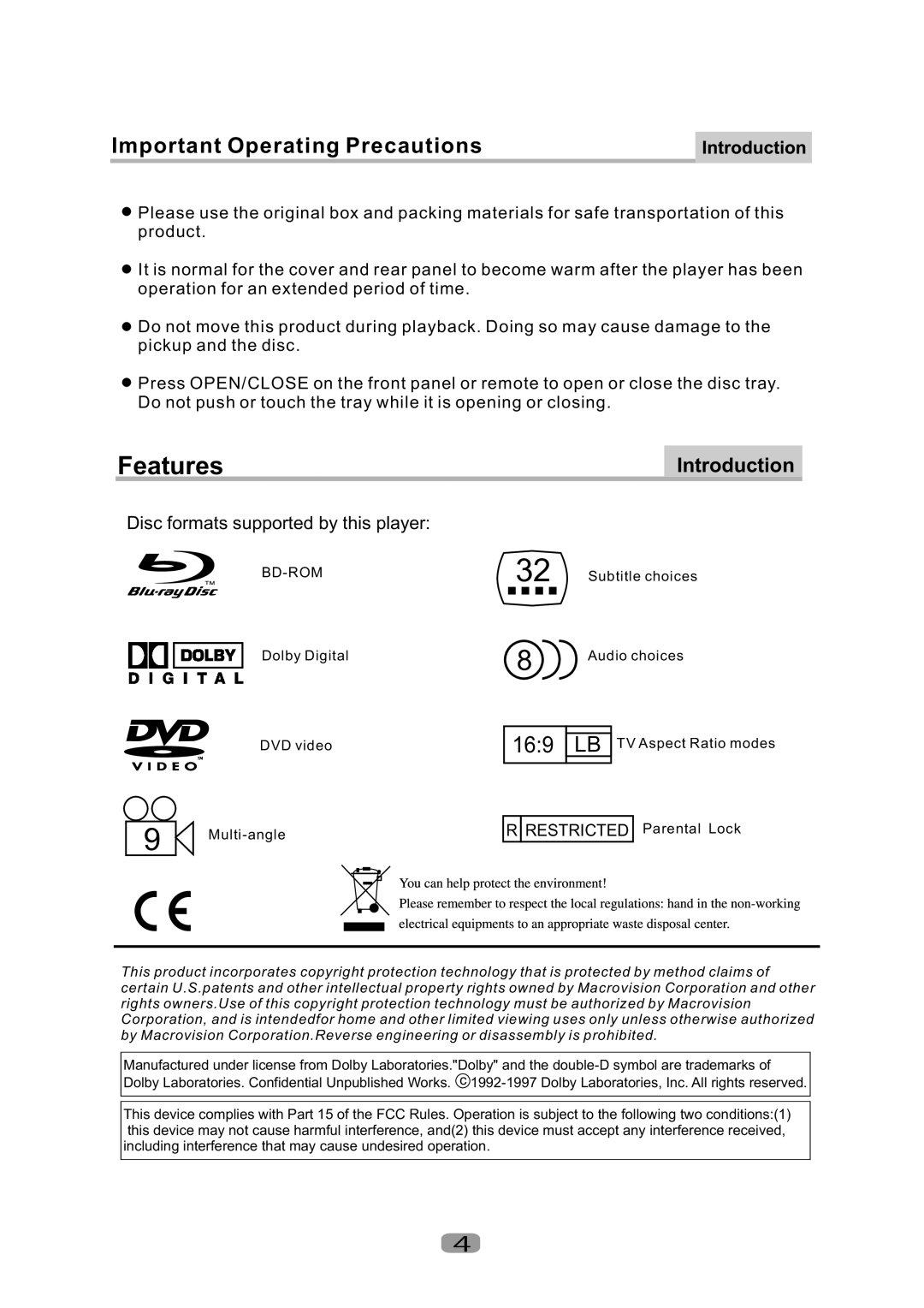 Curtis Mathes CMMBX130 manual ImportantOperatingPrecautions, Discformatssupportedbythisplayer 