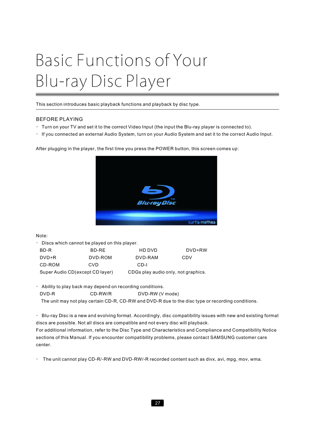 Curtis Mathes CMMBX72 manual Basic Functions of Your Blu-ray Disc Player, Beforeplaying 