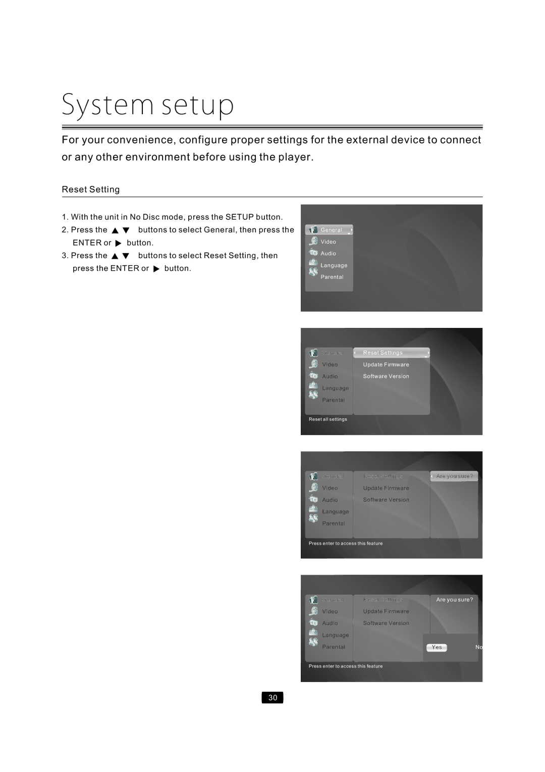 Curtis Mathes CMMBX72 manual System setup, ResetSetting, WiththeunitinNoDiscmode,presstheSETUPbutton 