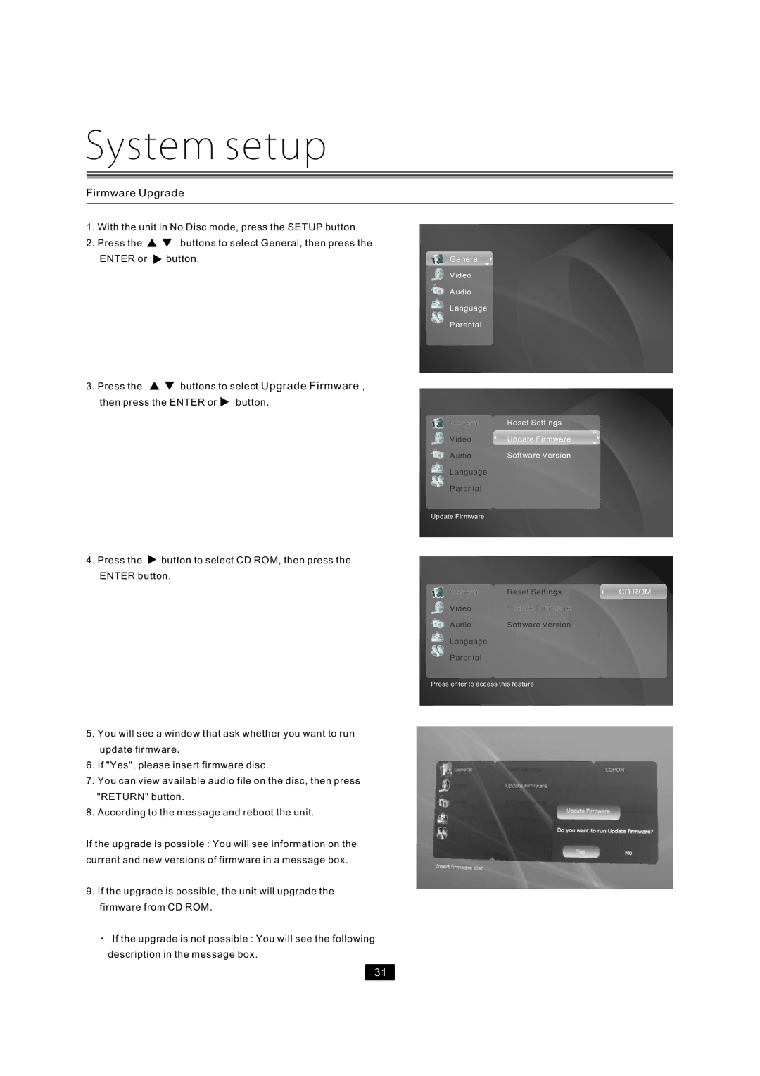 Curtis Mathes CMMBX72 manual FirmwareUpgrade, IfYes,pleaseinsertfirmwaredisc, Accordingtothemessageandreboottheunit 