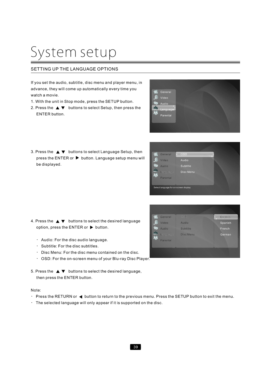 Curtis Mathes CMMBX72 manual Settingupthelanguageoptions, WiththeunitinStop mode,presstheSETUPbutton 