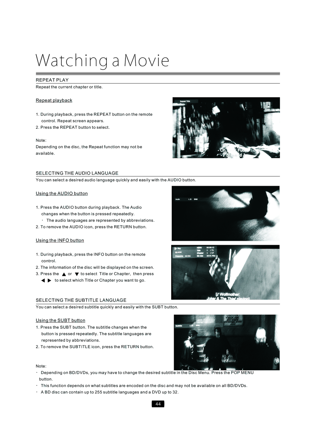 Curtis Mathes CMMBX72 manual Repeatplayback, UsingtheAUDIObutton, UsingtheINFObutton, UsingtheSUBTbutton 