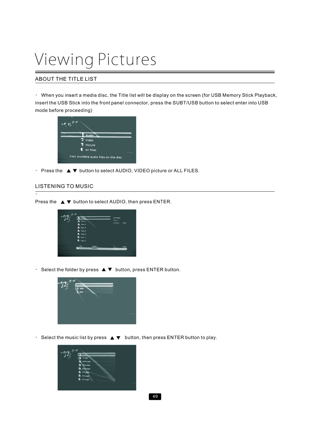 Curtis Mathes CMMBX72 manual Aboutthetitlelist, Listeningtomusic, PressthebuttontoselectAUDIO,VIDEOpictureorALLFILES 