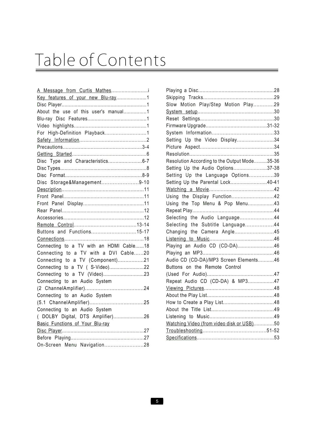 Curtis Mathes CMMBX72 manual Table of Contents 