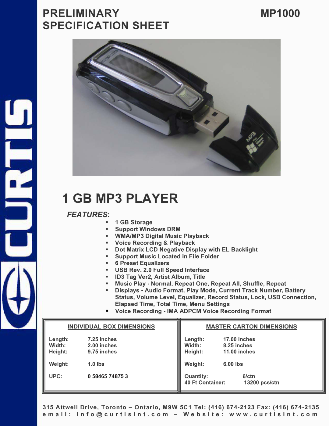 Curtis MP1000 specifications GB MP3 Player, Features, Individual BOX Dimensions Master Carton Dimensions 