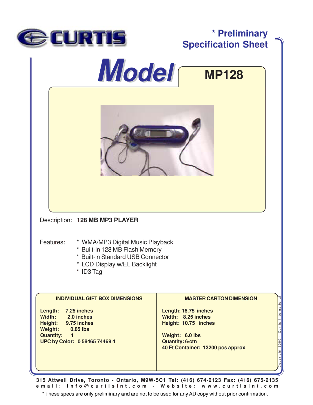 Curtis specifications Model MP128, Description 128 MB MP3 Player, Individual Gift BOX Dimensions 